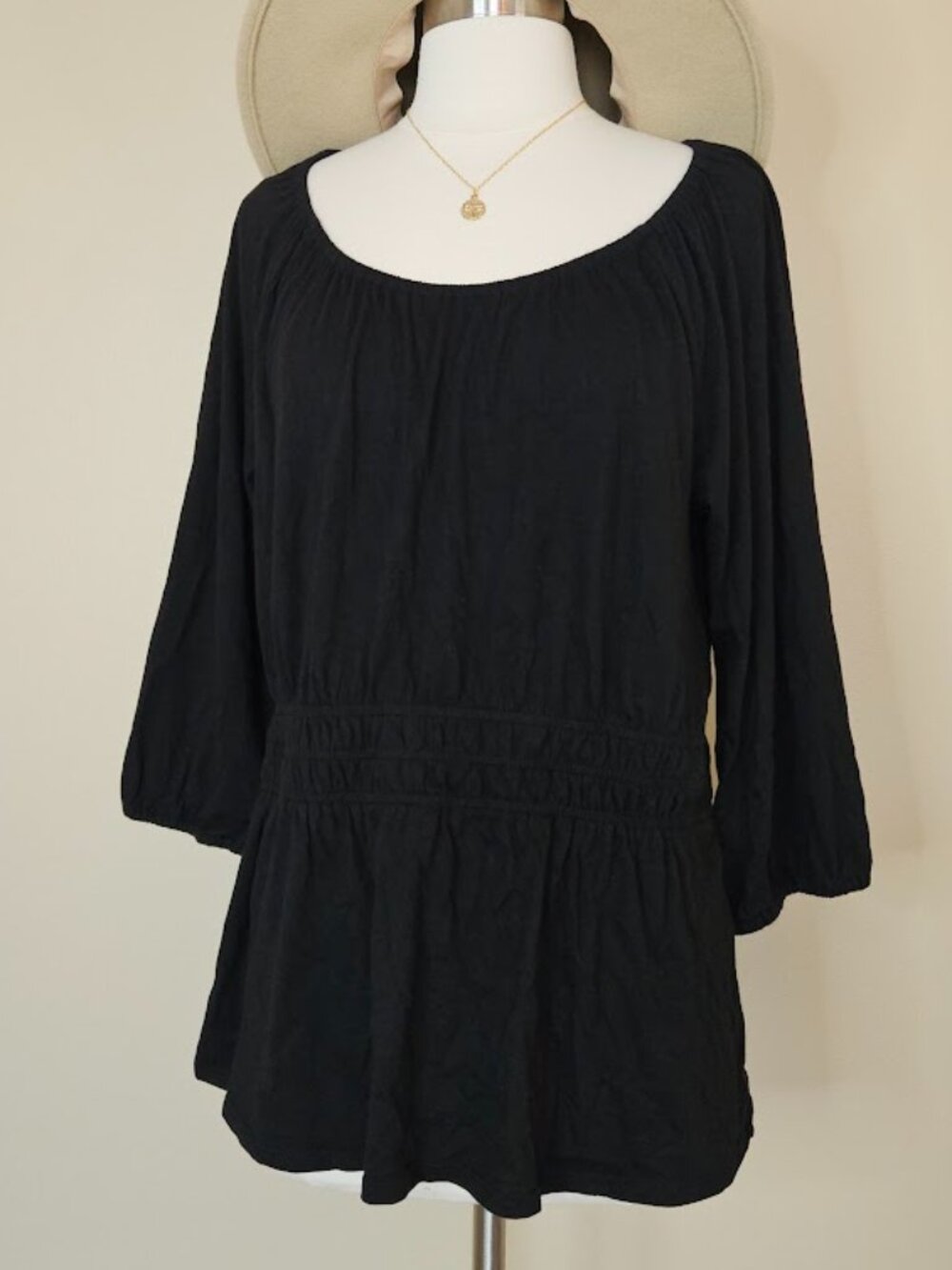 J.Jill Black Scoop Neck Blouse 3/4 Sleeve Cinch Waist Top Shirt Size Boho Medium